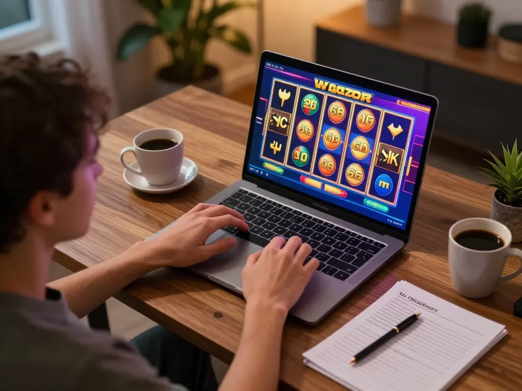 Engaging in slot gacor gameplay at home with strategy notes and ambient lighting.