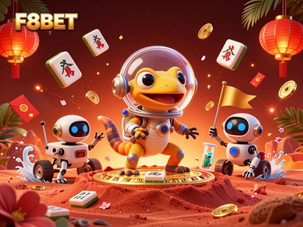 Experience the excitement of F8BET in a vibrant 3D casino scene featuring a Martian gecko and alien characters.