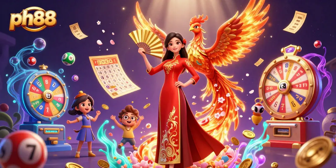 Experience thrilling jackpots and vibrant games at ph88 with a beautiful Vietnamese character and a lively phoenix.