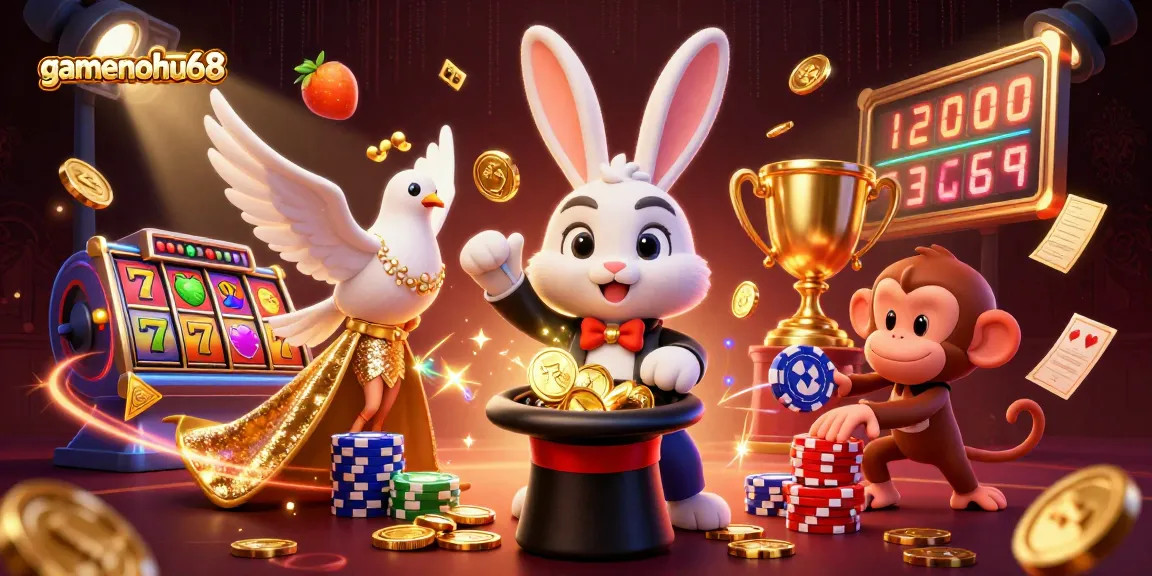 Experience the excitement of gamenohu68 with a vibrant casino scene featuring a magician and dynamic elements.