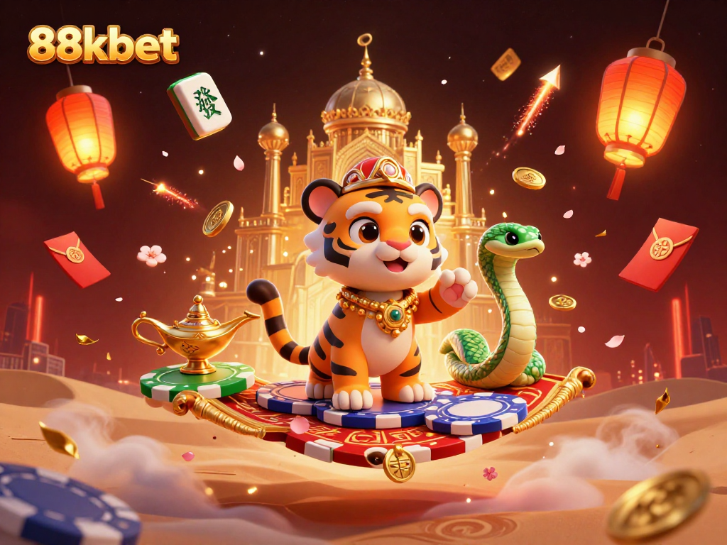 Experience excitement at 88kbet with vibrant gambling elements and characters in a dynamic, festive setting.
