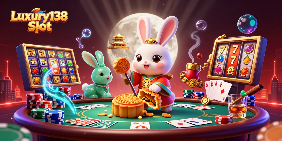 Experience the Luxury138 Slot with a lively scene featuring a cartoon moon rabbit and vibrant casino elements.