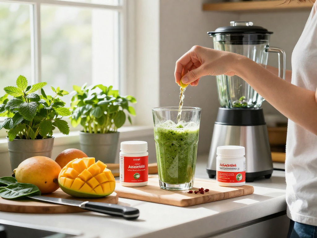 Astaxanthin supplement near vibrant smoothie ingredients in a bright kitchen.