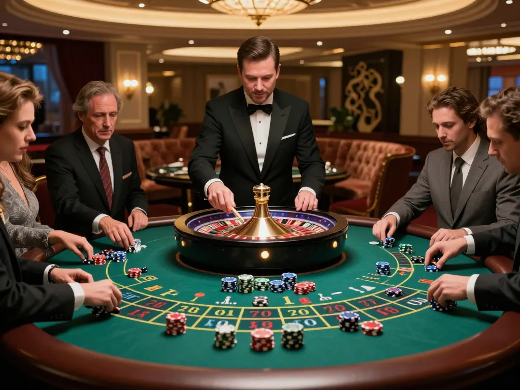 mm88 players betting at an upscale roulette table, enhancing the high-stakes experience.