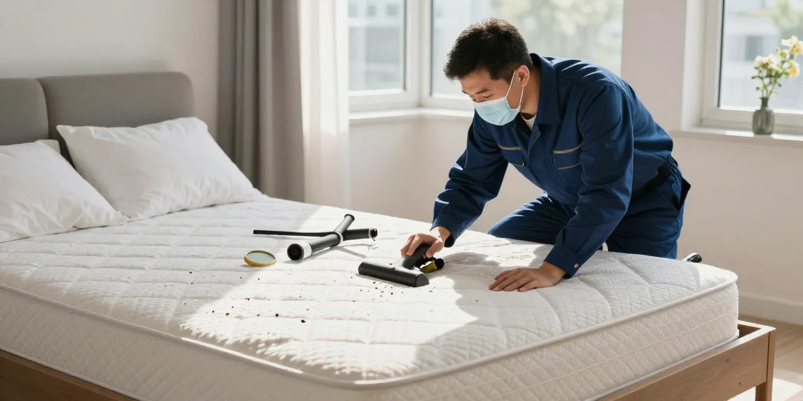 Professional inspecting bed bugs for effective bed bug control in a clean bedroom setting.