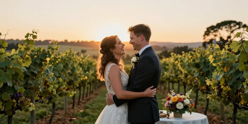 Couple celebrating their wedding in Hunter Valley, captured by wedding photographers Hunter Valley NSW in a beautiful vineyard setting.