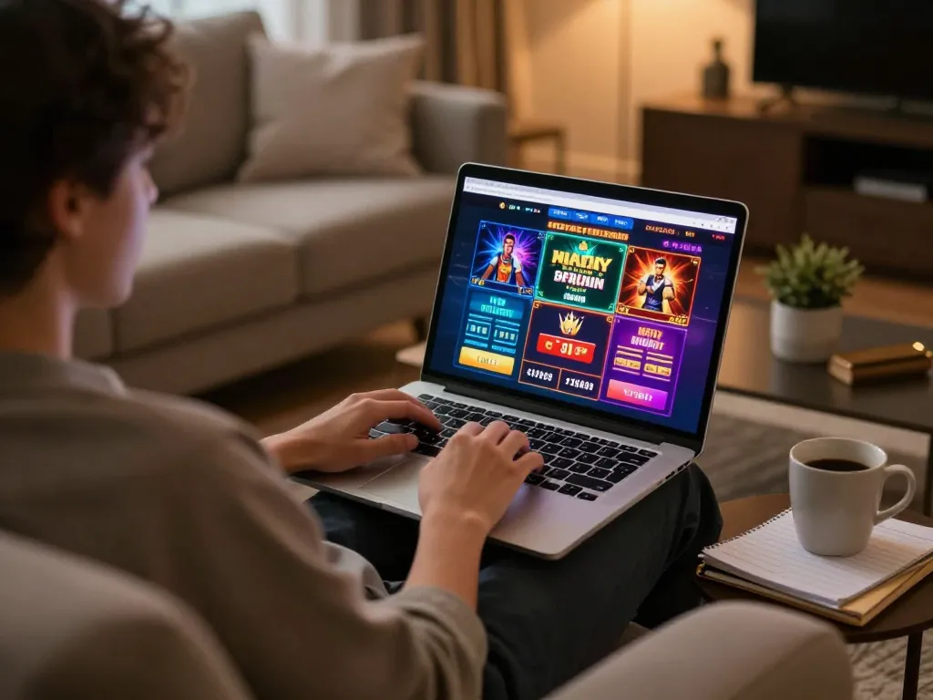 Player engaged with online casino games on laptop, enjoying sites not on Gamstop in a cozy living room.