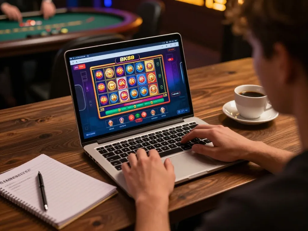 Engaged player experiencing the vibrant BK88 online casino interface while enjoying a cozy home setup.