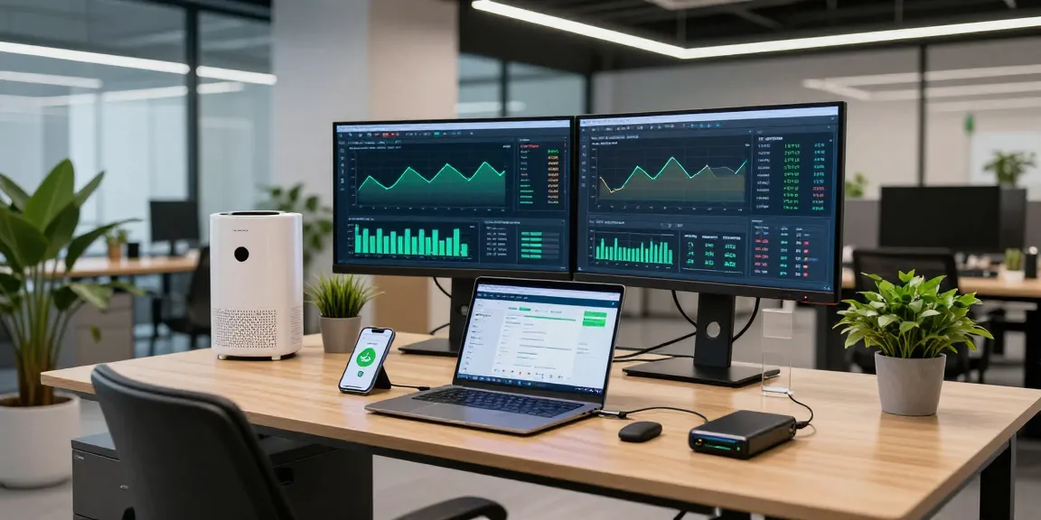 sustainable bitcoin mining workspace with modern technology displays and eco-friendly elements for cryptocurrency innovation