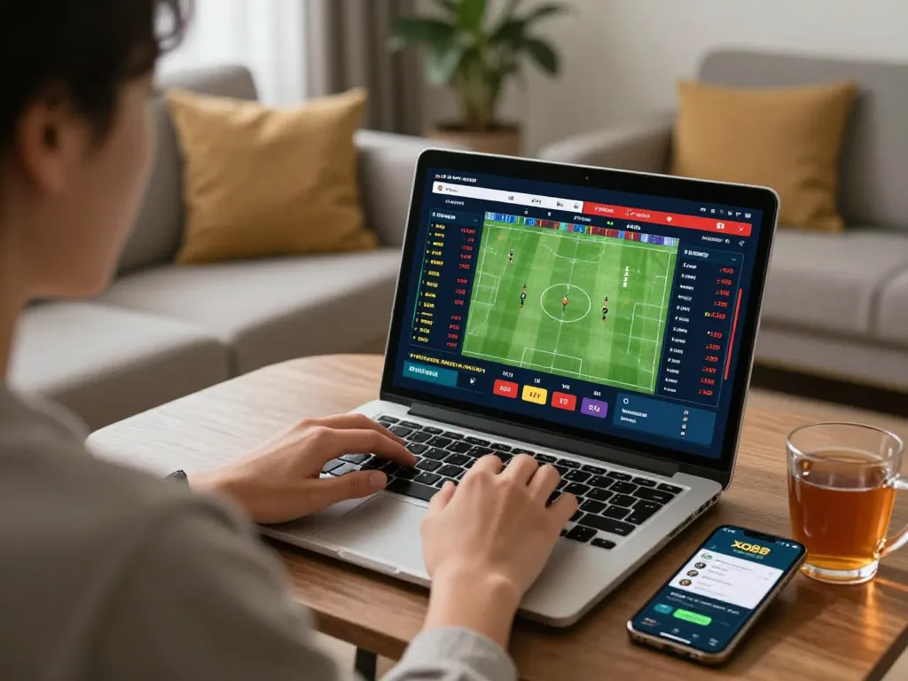 Engaged user placing bets with xo88 app on laptop during major sports event.