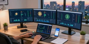 Cloud mining passive income strategies displayed on multiple monitors in a professional cryptocurrency trading setup with security focus.