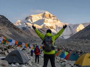 Everest Base Camp Heli Trek adventure at sunrise with rugged terrain and majestic Himalayan peaks.