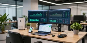 sustainable bitcoin mining workspace with modern technology displays and eco-friendly elements for cryptocurrency innovation