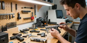 Custom Glock slides inspection at https://precisionglockslides.com in a professional gunsmith workshop.