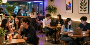 하루이야기를 통해 강남 나이트라이프 커뮤니티에서 친구들이 바에서 즐거운 시간을 보내고 있는 모습