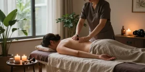 Experience 강남출장마사지 in a tranquil urban massage therapy setting with a therapist and client.