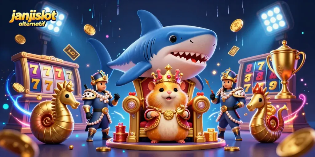Engage in fun with janjislot alternatif, featuring a vibrant hamster king amid a lively casino scene.